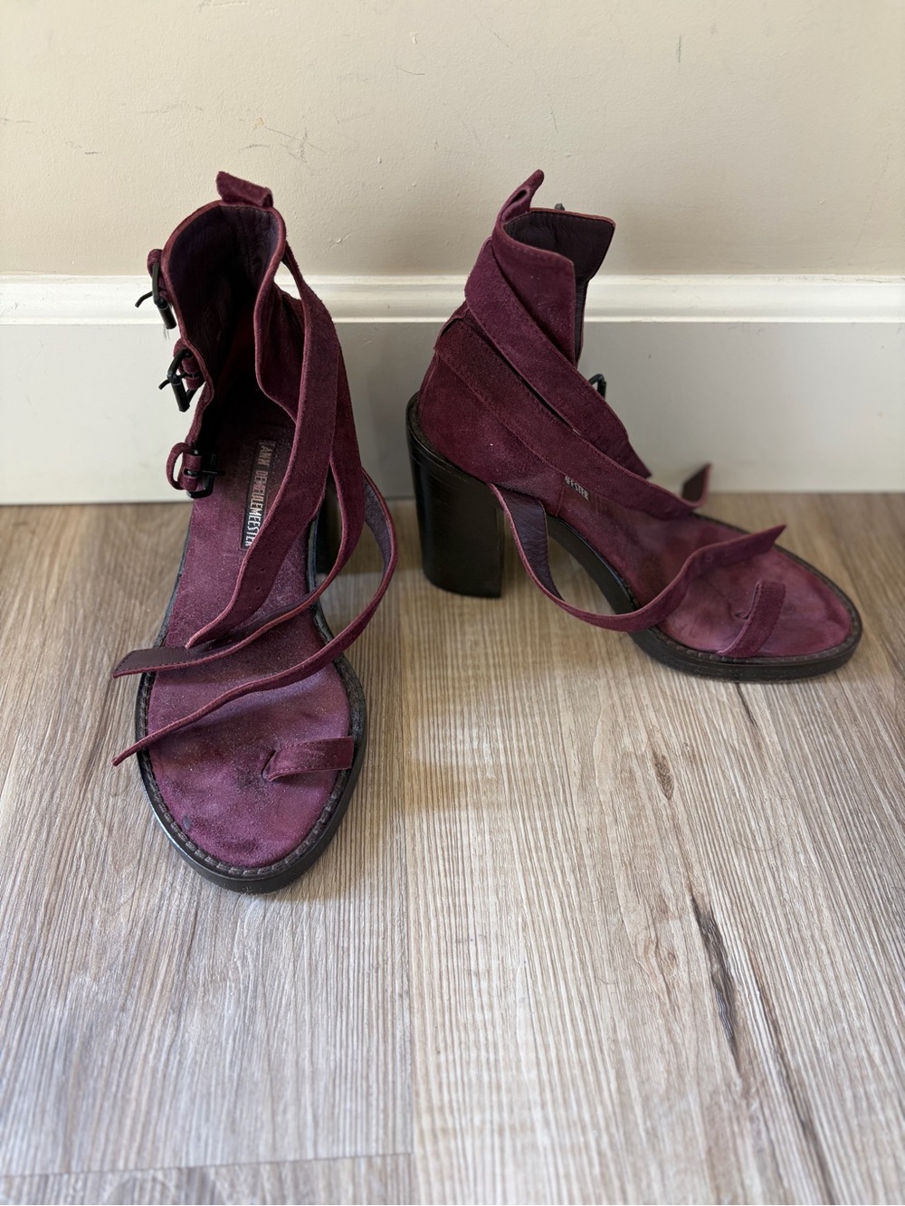 Strappy Ankle Wrap Block Heels in Plum/Burgundy - Picture 4 of 9